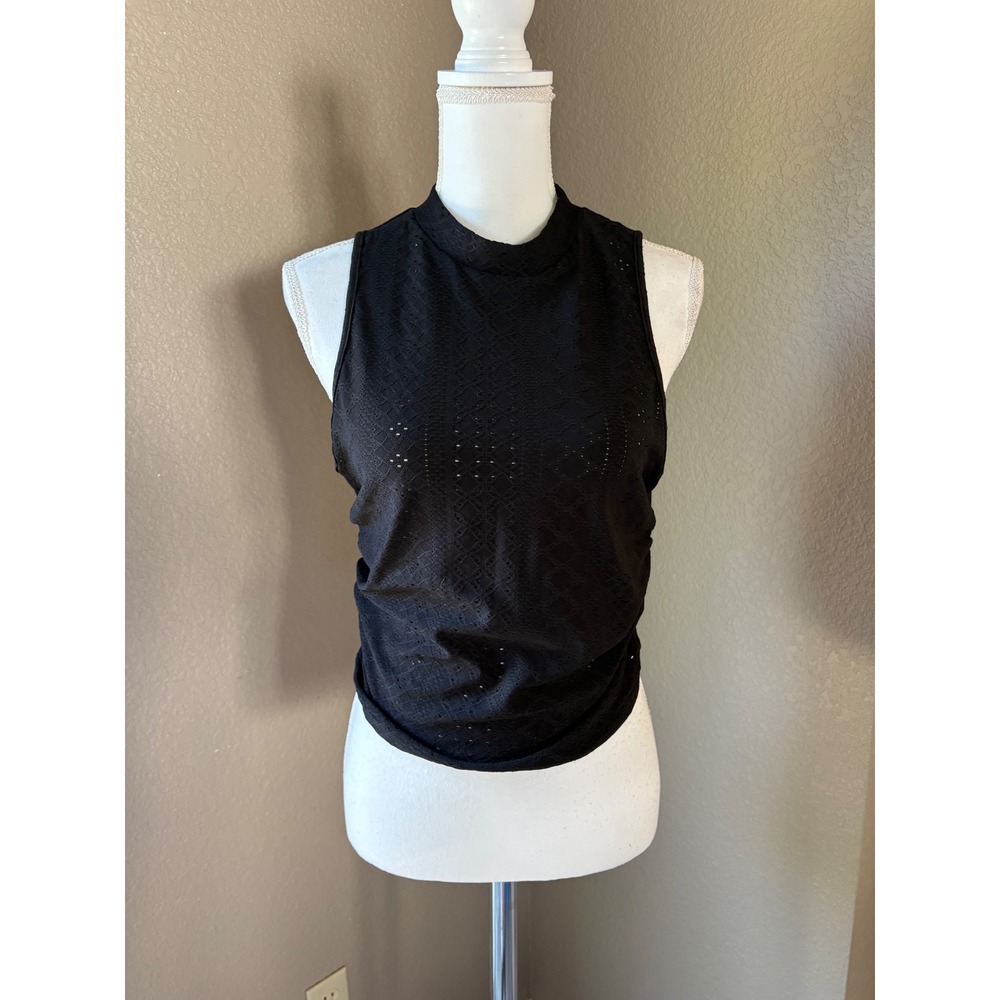 SHEIN Curve Womens 0XL Black Pointelle Mock‎ Neck Ruched Side Sleeveless Top